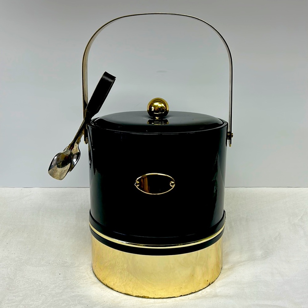 Mid Century Modern large  “GEORGES BRIARD”  black vinyl ice bucket with tongs
